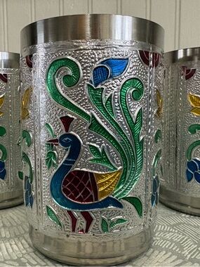 Beautiful Stainless Metal Peacock Tumblers set of 5 made in India - Multicolor
